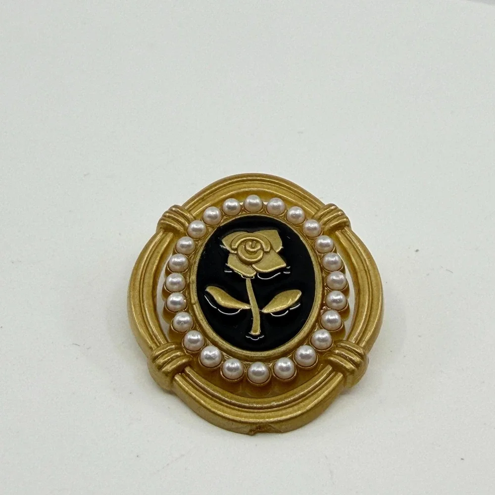 Gold Tone Rose Cameo Brooch Faux Pearl Border Statement Pin Romantic Accessory